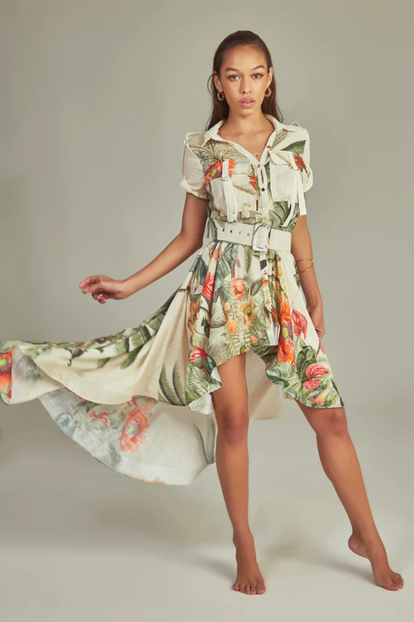 MIDI TRENCH DRESS IN TROPICAL PARADISE PRINT