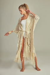 KIMONO FRINGLE IN BEIGE LACE